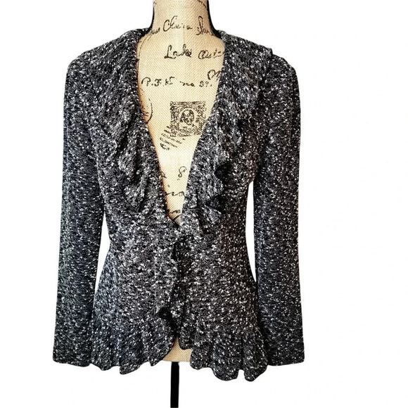 CYNTHIA ROWLEY Women's Regular Marbled Ruffle Sweater Cardigan Size Small Black - Picture 1 of 14